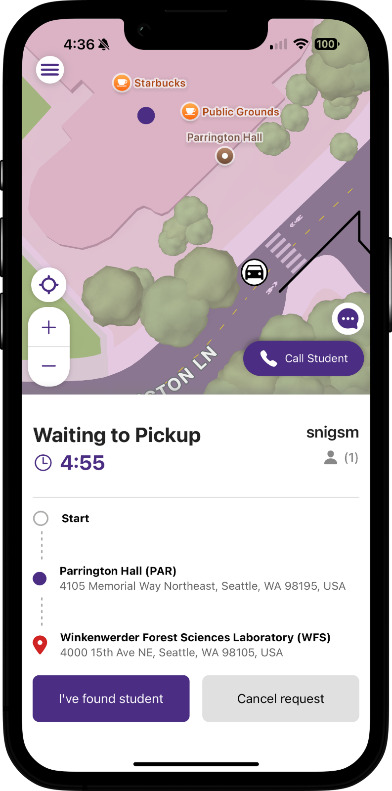 Driver waiting at pickup location in the Palana app
